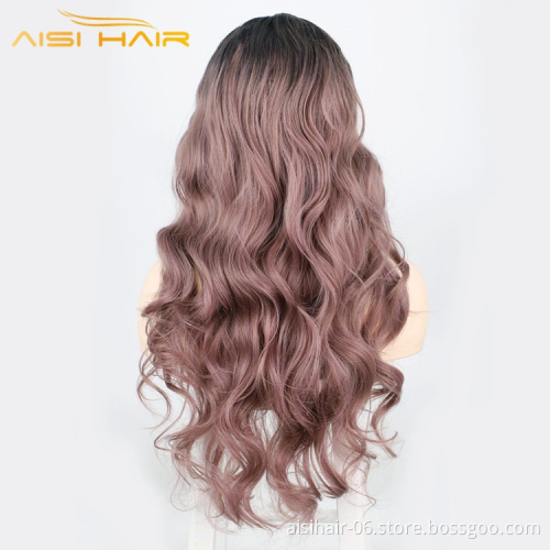 Aisi Hair Woman Wholesale Cheapest Fiber Synthetic Long Body Hair Ombre Light Purple Synthetic Wavy Lace Front Wig